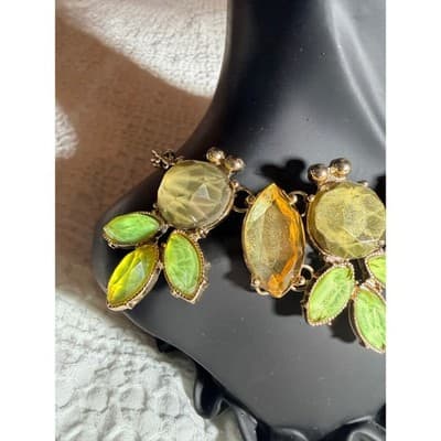 Vintage Green Crystal Statement Necklace Gold Tone Leaf Rhinestone Bib 16" - Thumbnail 9