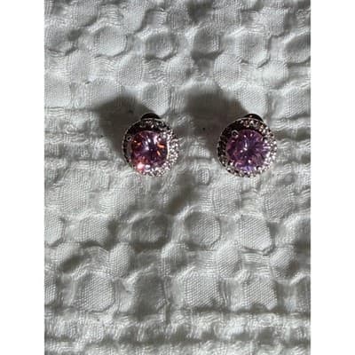 Vintage Pink Crystal Rhinestone Stud Earrings Silver Tone Faux Diamond 0.5" - Thumbnail 9