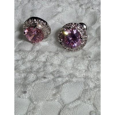 Vintage Pink Crystal Rhinestone Stud Earrings Silver Tone Faux Diamond 0.5" - Thumbnail 2