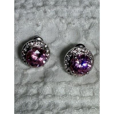 Vintage Pink Crystal Rhinestone Stud Earrings Silver Tone Faux Diamond 0.5"