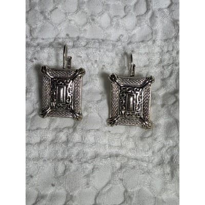 Vintage Baroque Style Silver Tone Drop Earrings Ornate Filigree Dangle - Thumbnail 2