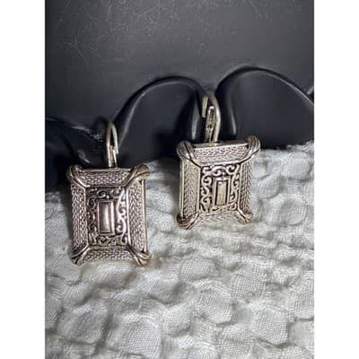 Vintage Baroque Style Silver Tone Drop Earrings Ornate Filigree Dangle