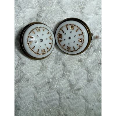 Michael Michaud Vintage Clock Earrings Roman Numeral White Dial Clip-On 0.5" - Thumbnail 3