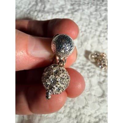 Vintage Silver Tone Rhinestone Ball Drop Dangle Clip-On Earrings Sparkle Retro - Thumbnail 6