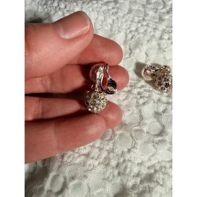 Vintage Silver Tone Rhinestone Ball Drop Dangle Clip-On Earrings Sparkle Retro - Thumbnail 4