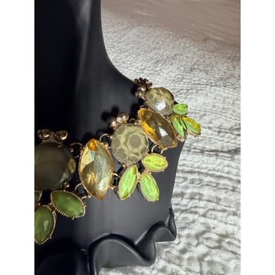 Vintage Green Crystal Statement Necklace Gold Tone Leaf Rhinestone Bib 16" - Thumbnail 10