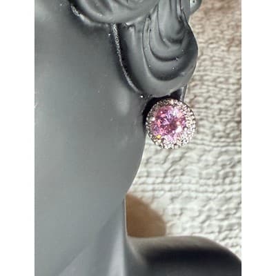 Vintage Pink Crystal Rhinestone Stud Earrings Silver Tone Faux Diamond 0.5" - Thumbnail 3