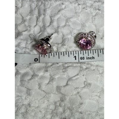 Vintage Pink Crystal Rhinestone Stud Earrings Silver Tone Faux Diamond 0.5" - Thumbnail 4