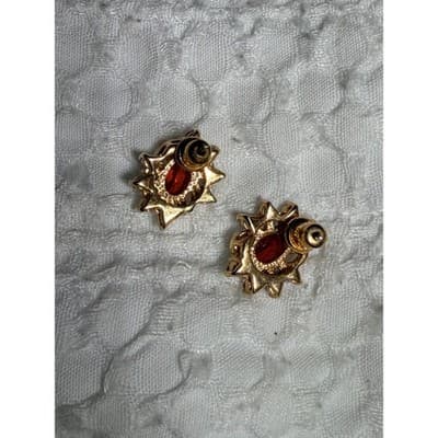 Vintage Ruby Red Crystal & Faux Diamond Stud Earrings Gold Tone 0.5" - Thumbnail 2