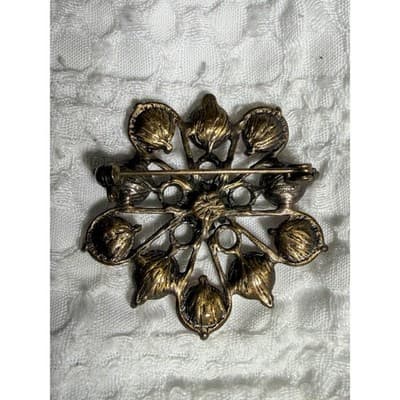 Vintage Red Pink Rhinestone Starburst Brooch Silver Tone Floral Pin - Thumbnail 5
