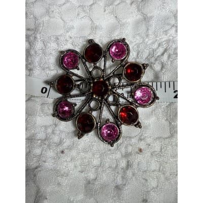 Vintage Red Pink Rhinestone Starburst Brooch Silver Tone Floral Pin - Thumbnail 7