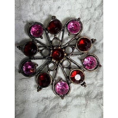 Vintage Red Pink Rhinestone Starburst Brooch Silver Tone Floral Pin