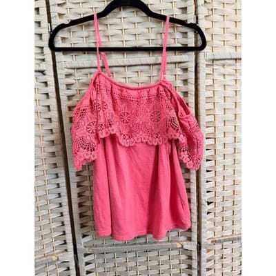 No Boundaries Junior Girl Top XXL 19 Pink Off Shoulder Crochet Lace Ruffle Trim - Thumbnail 9