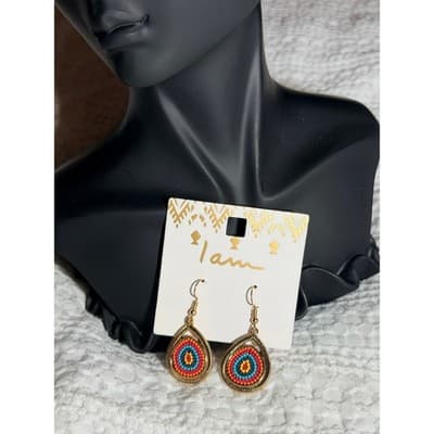 Vintage Boho Teardrop Beaded Dangle Earrings Multicolor Mosaic Gypsy Style NWT - Thumbnail 2