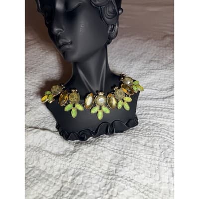 Vintage Green Crystal Statement Necklace Gold Tone Leaf Rhinestone Bib 16" - Thumbnail 12
