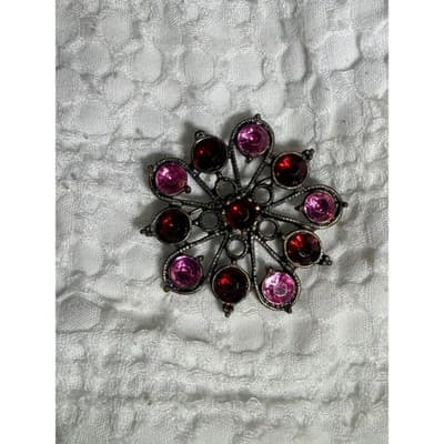Vintage Red Pink Rhinestone Starburst Brooch Silver Tone Floral Pin - Thumbnail 6