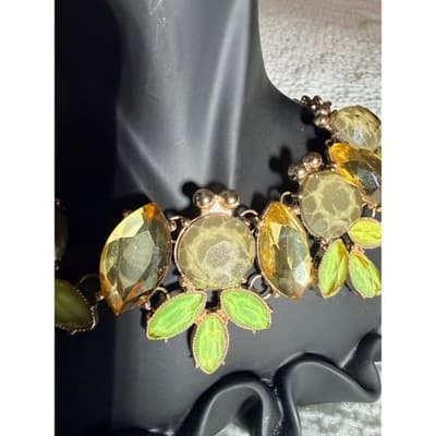 Vintage Green Crystal Statement Necklace Gold Tone Leaf Rhinestone Bib 16" - Thumbnail 11