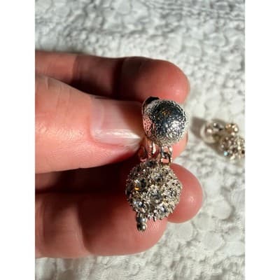 Vintage Silver Tone Rhinestone Ball Drop Dangle Clip-On Earrings Sparkle Retro - Thumbnail 7