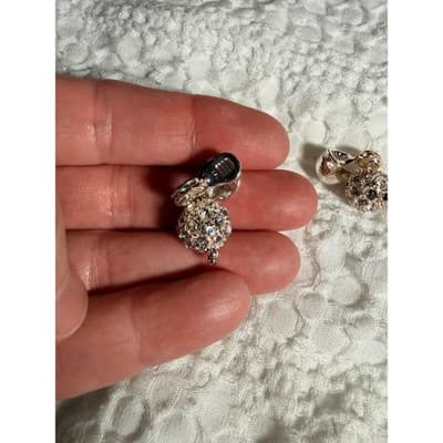 Vintage Silver Tone Rhinestone Ball Drop Dangle Clip-On Earrings Sparkle Retro - Thumbnail 5