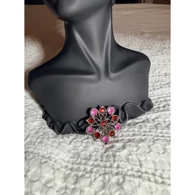Vintage Red Pink Rhinestone Starburst Brooch Silver Tone Floral Pin - Thumbnail 2