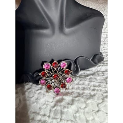 Vintage Red Pink Rhinestone Starburst Brooch Silver Tone Floral Pin - Thumbnail 3