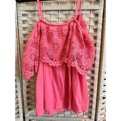 No Boundaries Junior Girl Top XXL 19 Pink Off Shoulder Crochet Lace Ruffle Trim - Thumbnail 10