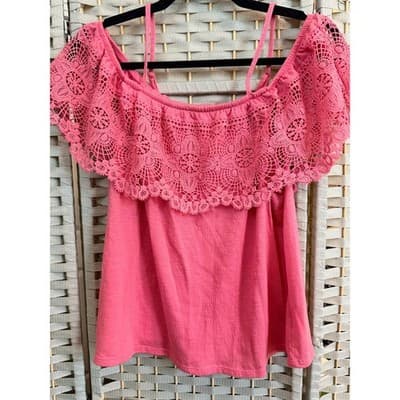 No Boundaries Junior Girl Top XXL 19 Pink Off Shoulder Crochet Lace Ruffle Trim - Thumbnail 2