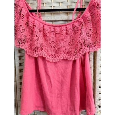No Boundaries Junior Girl Top XXL 19 Pink Off Shoulder Crochet Lace Ruffle Trim - Thumbnail 3