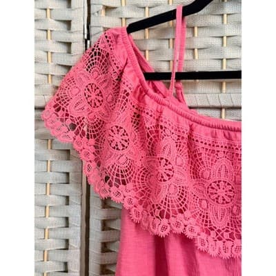 No Boundaries Junior Girl Top XXL 19 Pink Off Shoulder Crochet Lace Ruffle Trim - Thumbnail 5