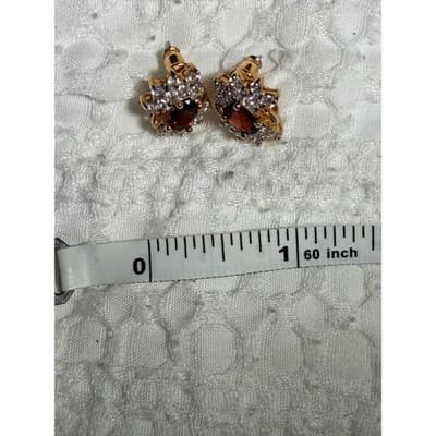 Vintage Ruby Red Crystal & Faux Diamond Stud Earrings Gold Tone 0.5" - Thumbnail 5