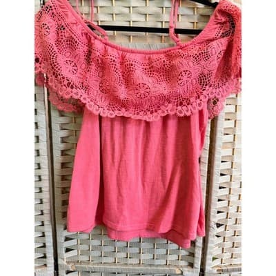 No Boundaries Junior Girl Top XXL 19 Pink Off Shoulder Crochet Lace Ruffle Trim - Thumbnail 11