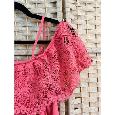 No Boundaries Junior Girl Top XXL 19 Pink Off Shoulder Crochet Lace Ruffle Trim - Thumbnail 4