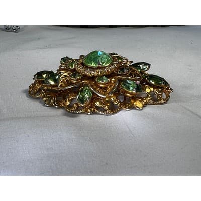 Peridot Green Filigree Brooch W German Design 1950s Vintage Jewelry MCM - Thumbnail 15