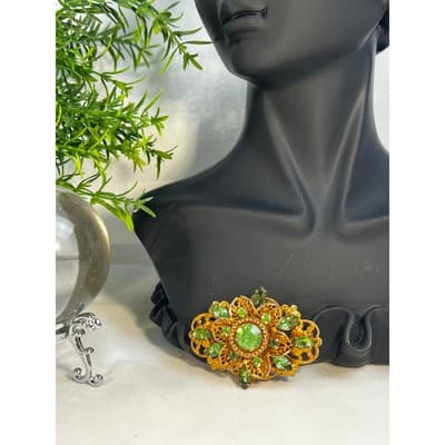 Peridot Green Filigree Brooch W German Design 1950s Vintage Jewelry MCM - Thumbnail 2