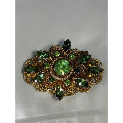 Peridot Green Filigree Brooch W German Design 1950s Vintage Jewelry MCM - Thumbnail 13