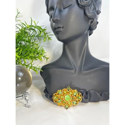 Peridot Green Filigree Brooch W German Design 1950s Vintage Jewelry MCM - Thumbnail 9
