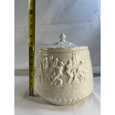 Majolica Tam O'Shanter Like Cookie Jar Canister MCM Detailed 9"x9" Ivory White - Thumbnail 18