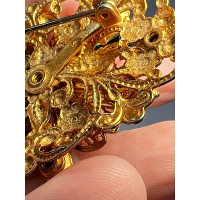 Peridot Green Filigree Brooch W German Design 1950s Vintage Jewelry MCM - Thumbnail 6