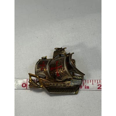 Vintage Spanish Damascene Pin Galleon Tall Ship Brooch Gold Enamel MCM Sailing - Thumbnail 7