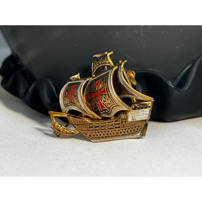 Vintage Spanish Damascene Pin Galleon Tall Ship Brooch Gold Enamel MCM Sailing - Thumbnail 2