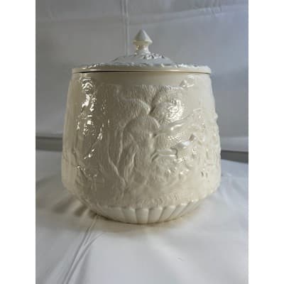 Majolica Tam O'Shanter Like Cookie Jar Canister MCM Detailed 9"x9" Ivory White - Thumbnail 5