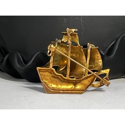 Vintage Spanish Damascene Pin Galleon Tall Ship Brooch Gold Enamel MCM Sailing - Thumbnail 4