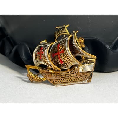Vintage Spanish Damascene Pin Galleon Tall Ship Brooch Gold Enamel MCM Sailing - Thumbnail 3