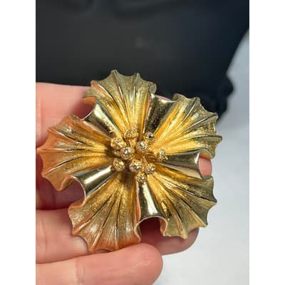 Vintage Coro Gold Tone MCM Art Deco Flower Brooch Floral Motif Rare - Thumbnail 14