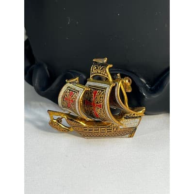 Vintage Spanish Damascene Pin Galleon Tall Ship Brooch Gold Enamel MCM Sailing - Thumbnail 8