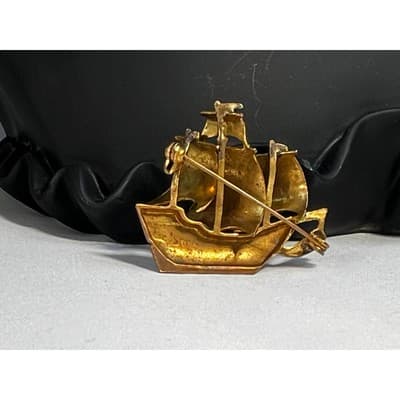 Vintage Spanish Damascene Pin Galleon Tall Ship Brooch Gold Enamel MCM Sailing - Thumbnail 5
