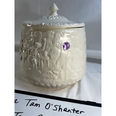 Majolica Tam O'Shanter Like Cookie Jar Canister MCM Detailed 9"x9" Ivory White - Thumbnail 17