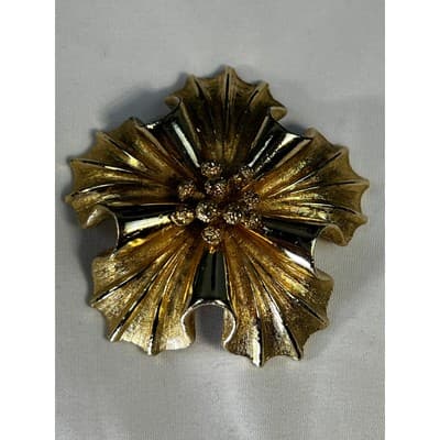 Vintage Coro Gold Tone MCM Art Deco Flower Brooch Floral Motif Rare - Thumbnail 11