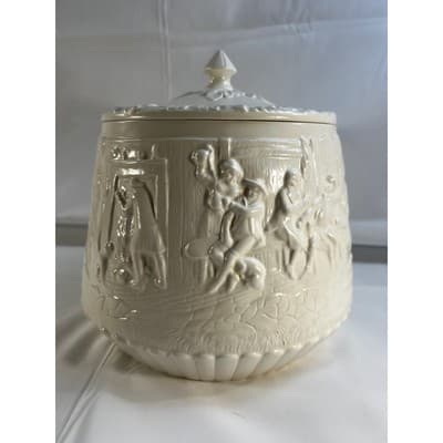 Majolica Tam O'Shanter Like Cookie Jar Canister MCM Detailed 9"x9" Ivory White - Thumbnail 9