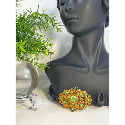 Peridot Green Filigree Brooch W German Design 1950s Vintage Jewelry MCM - Thumbnail 7